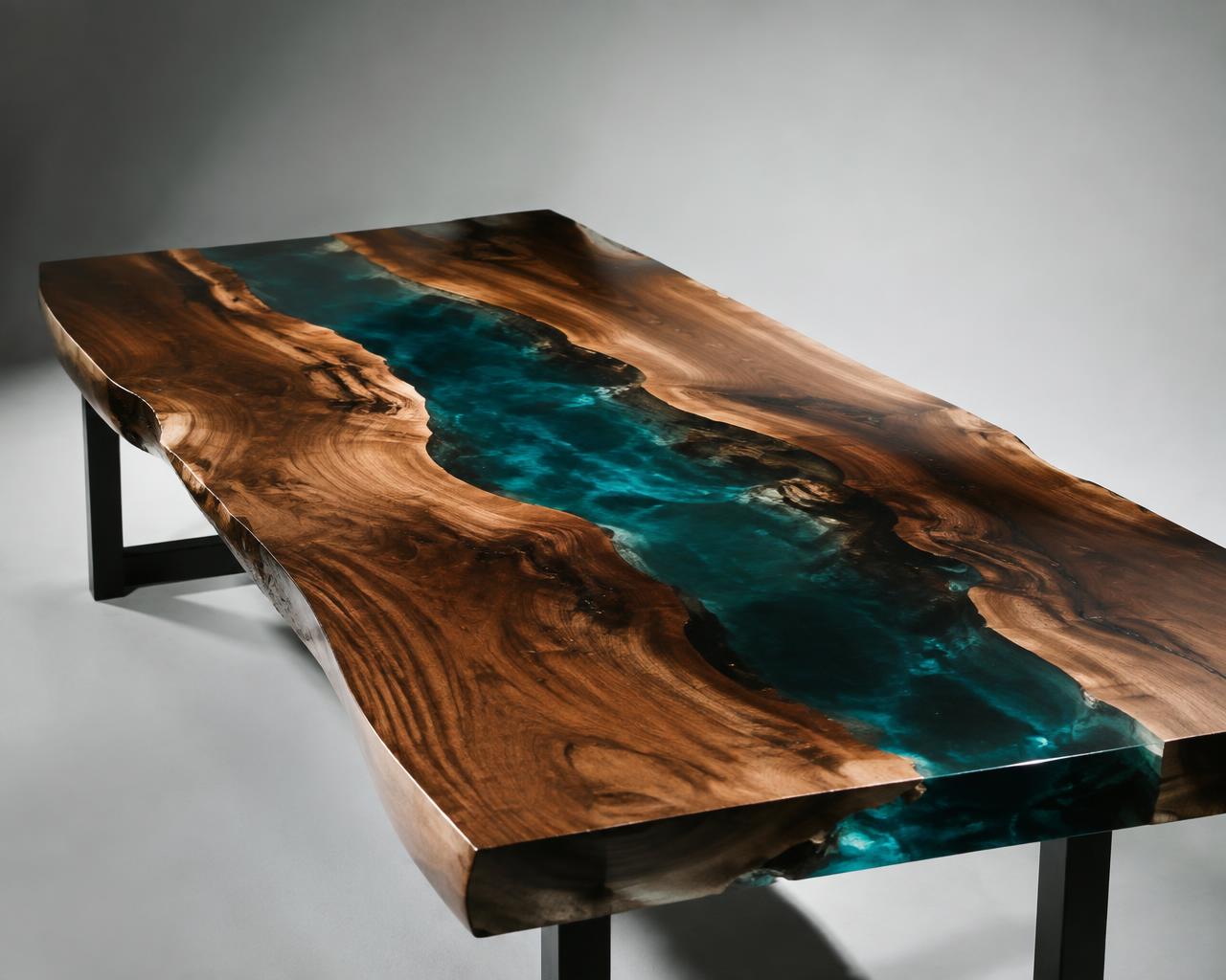 Deep teal epoxy river table with live-edge walnut